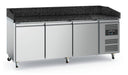 Stainless steel pizza prep counter with three doors, natural granite top and four wheels