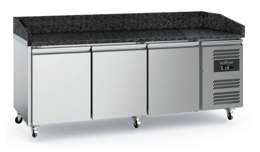Stainless steel pizza prep counter with three doors, natural granite top and four wheels