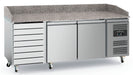Stainless steel pizza prep counter with 2 doors, 7 drawers and castors