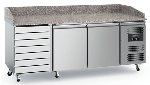 Stainless steel pizza prep counter with 2 doors, 7 drawers and castors