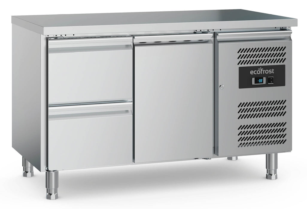 Stainless steel refrigerated counter with one door and two drawers, 1360mm wide