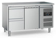 Stainless steel refrigerated counter with one door and two drawers, 1360mm wide