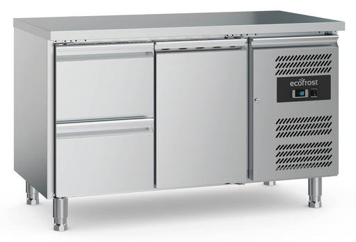 Stainless steel refrigerated counter with one door and two drawers, 1360mm wide