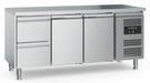 Stainless steel refrigerated counter with two doors and two drawers, adjustable feet