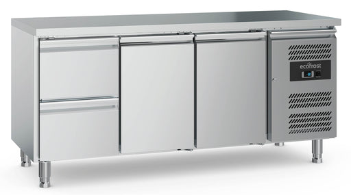 Stainless steel refrigerated counter with two doors and two drawers, adjustable feet