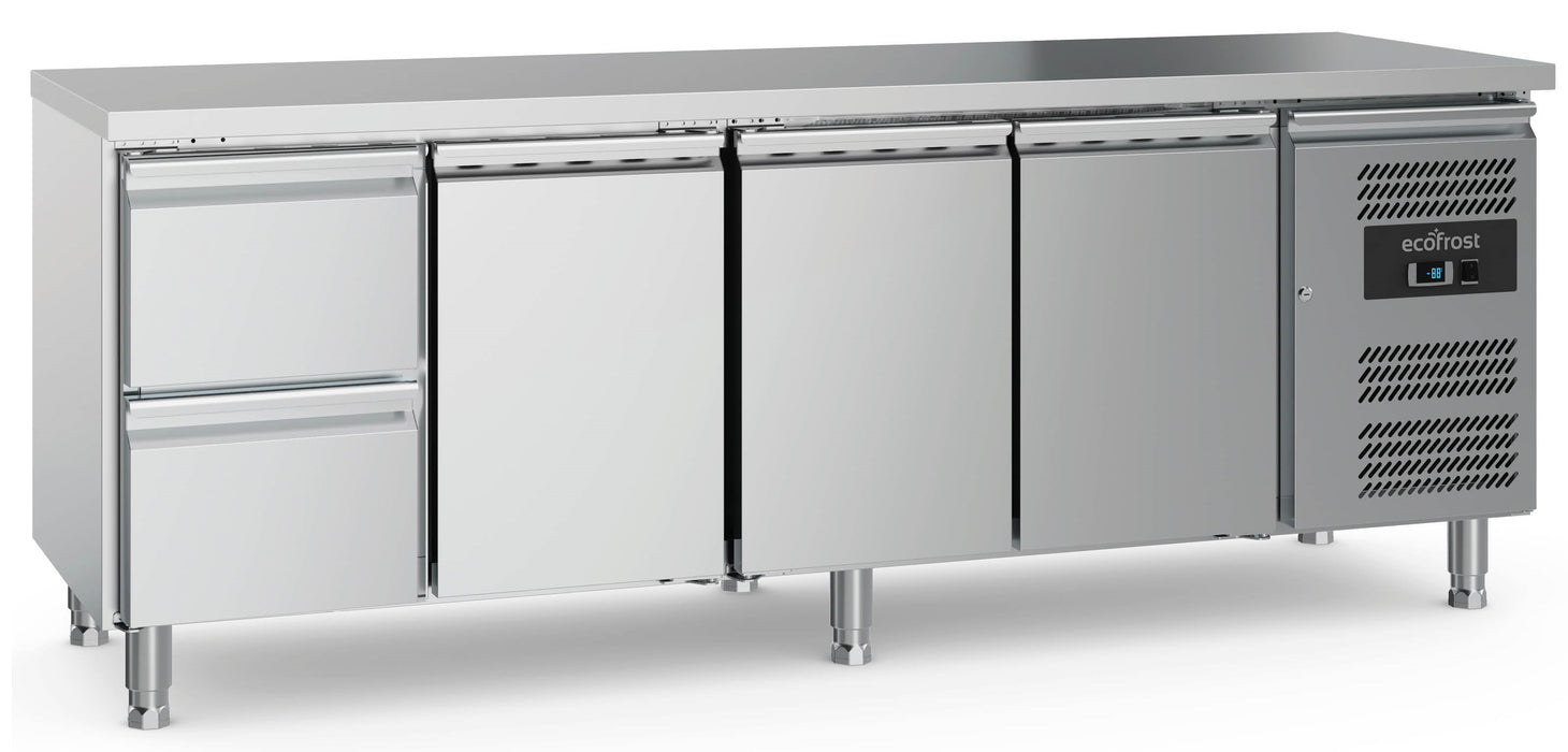 Stainless steel refrigerated counter with 3 doors and 2 drawers