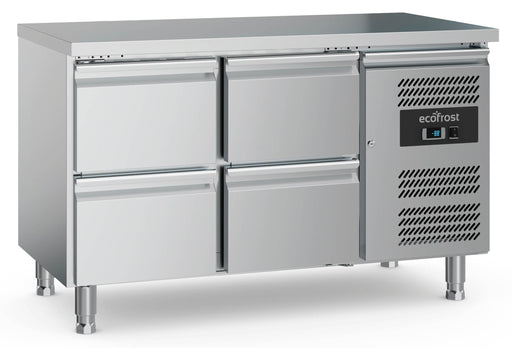 Stainless steel refrigerated counter with four pull-out drawers, adjustable feet