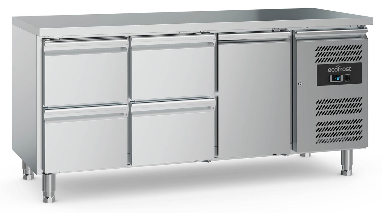 Stainless steel refrigerated counter with single door and four pull-out drawers