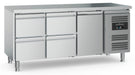 Stainless steel refrigerated counter with single door and four pull-out drawers