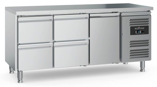 Stainless steel refrigerated counter with single door and four pull-out drawers