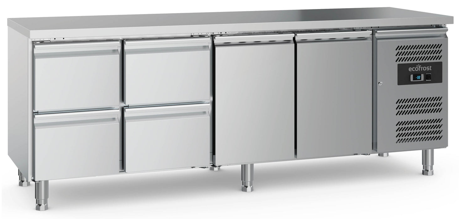 Stainless steel refrigerated counter with 2 doors and 4 drawers on adjustable feet