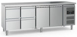 Stainless steel refrigerated counter with 2 doors and 4 drawers on adjustable feet