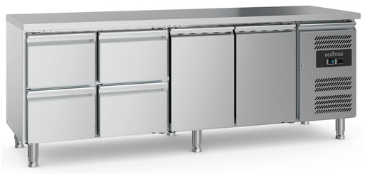 Stainless steel refrigerated counter with 2 doors and 4 drawers on adjustable feet