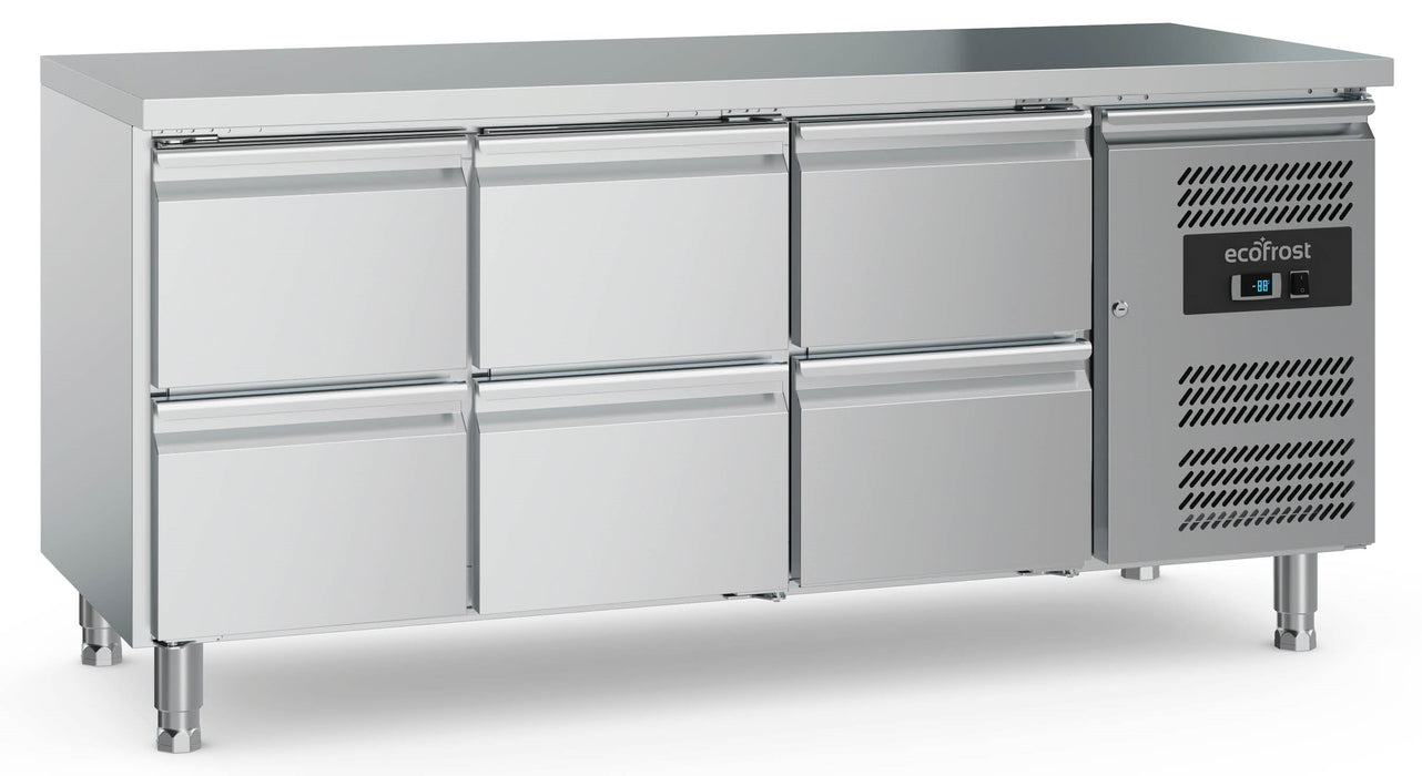 Stainless steel refrigerated counter with six pull-out drawers and adjustable feet