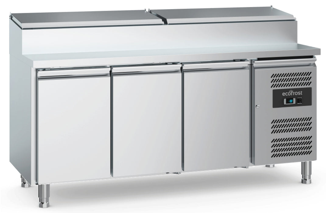 Stainless steel three door undercounter saladette fridge with 1/3 GN containers