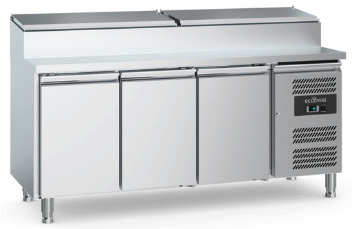 Stainless steel three door undercounter saladette fridge with 1/3 GN containers