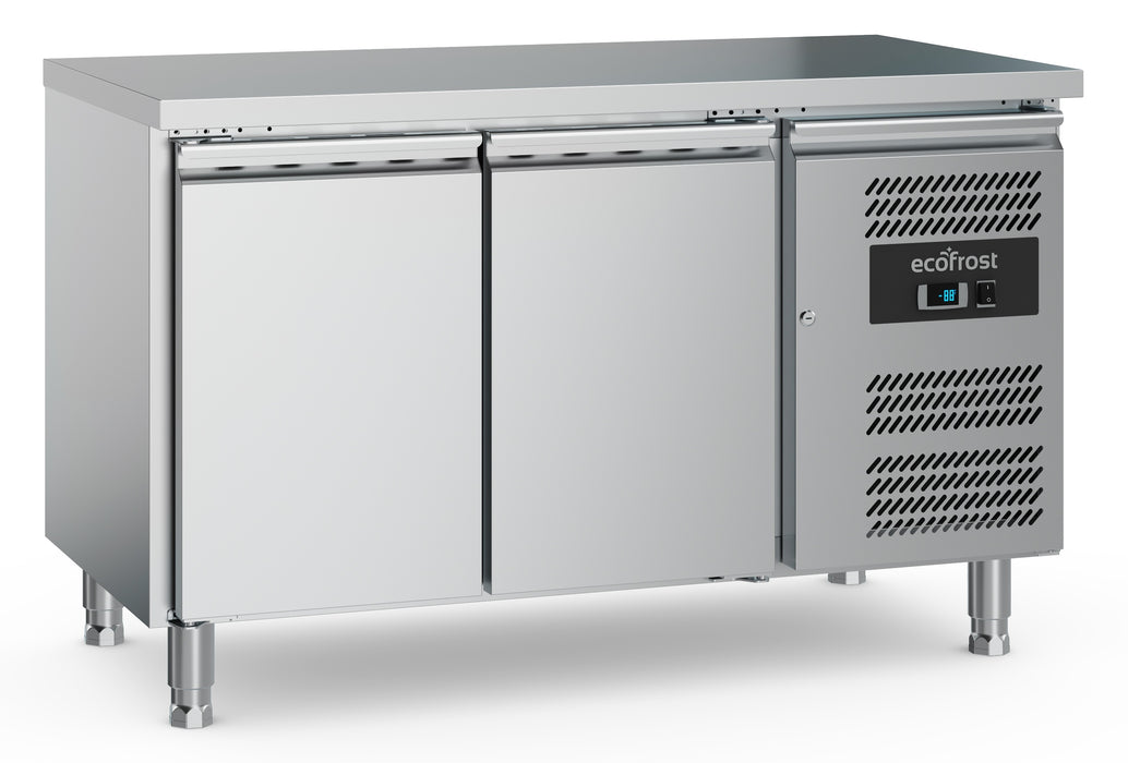 Stainless steel 2 door refrigerated counter with solid doors, 1360mm wide