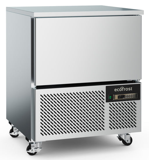 Stainless steel blast chiller unit with right-hinged door and digital temperature display.