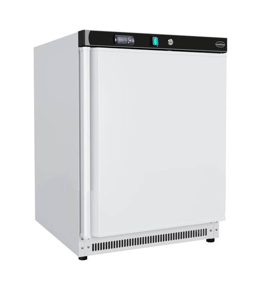 White painted steel tabletop freezer with single right-hinged door and digital display panel