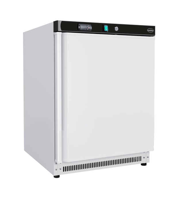 White painted steel tabletop freezer with single right-hinged door and digital display panel
