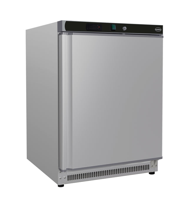 Stainless steel single door tabletop freezer with digital display and right hinge door.