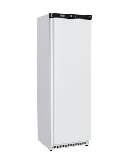 White painted steel single door upright refrigerator, 600mm wide, freestanding unit