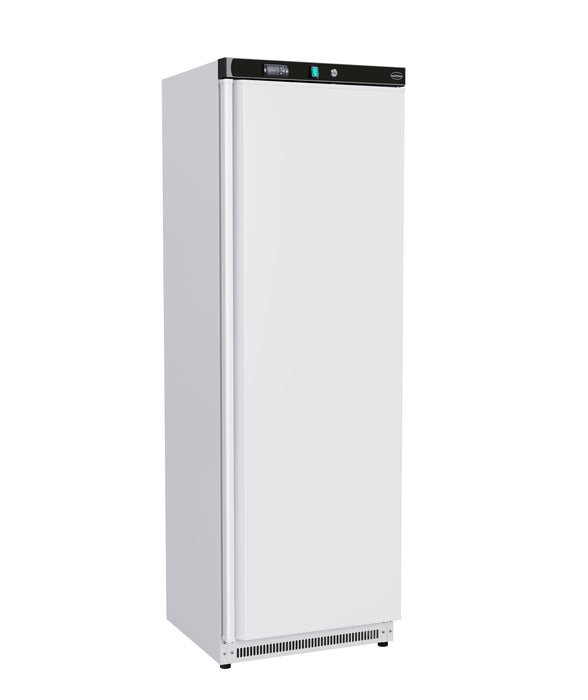 White painted steel single door upright refrigerator, 600mm wide, freestanding unit