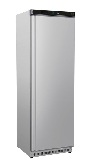 Stainless steel upright refrigerator with right hinged door and digital display panel