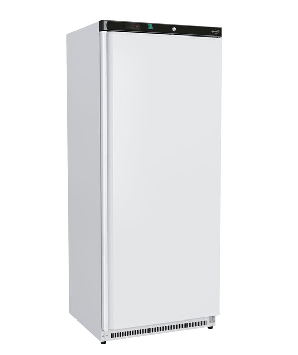 White painted steel single door upright freezer with digital temperature display