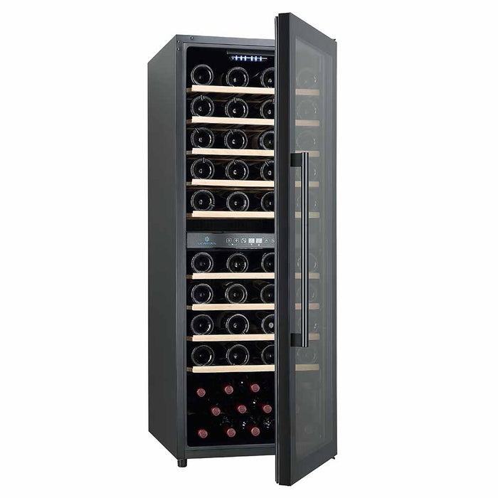 Cavecool Raw Zircon 77 bottle dual zone wine cooler, interior shelving view
