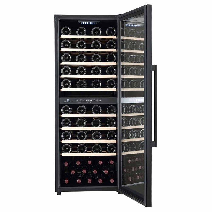 Cavecool Raw Zircon 77 bottle dual zone wine cooler, open door view