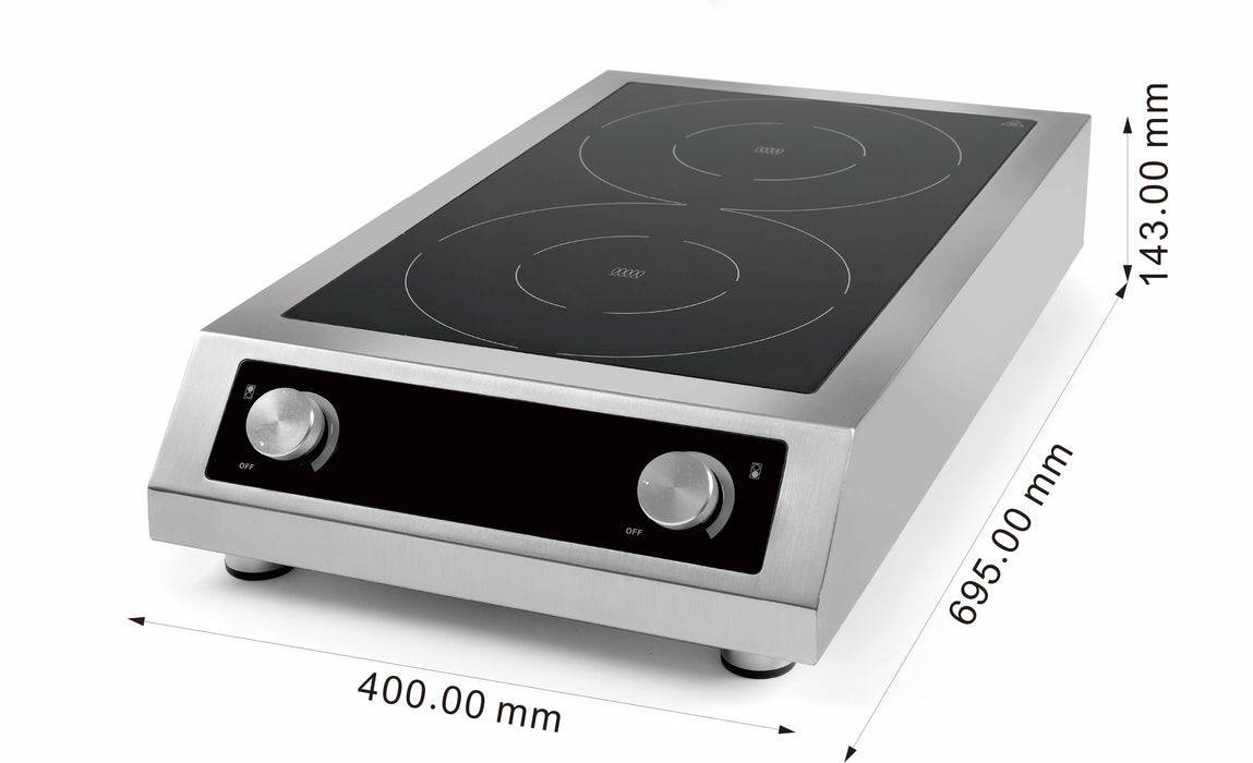 Stainless steel countertop induction hob with 2 cooking zones and control knobs view 7