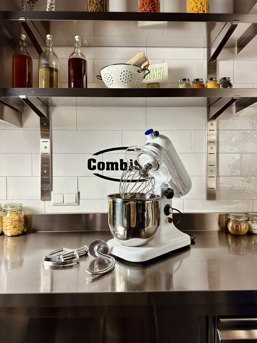 White Combisteel 7 litre tabletop planetary mixer with stainless steel bowl and accessories view 3