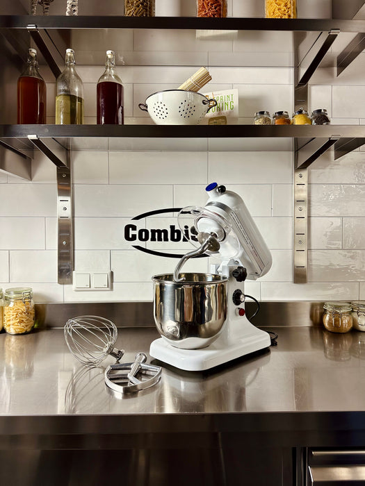 White Combisteel 7 litre tabletop planetary mixer with stainless steel bowl and accessories view 5