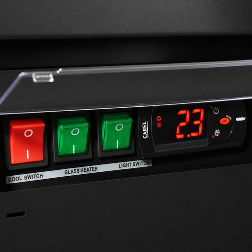 Black freestanding double glass door freezer with LED lighting and mobile castors view 2