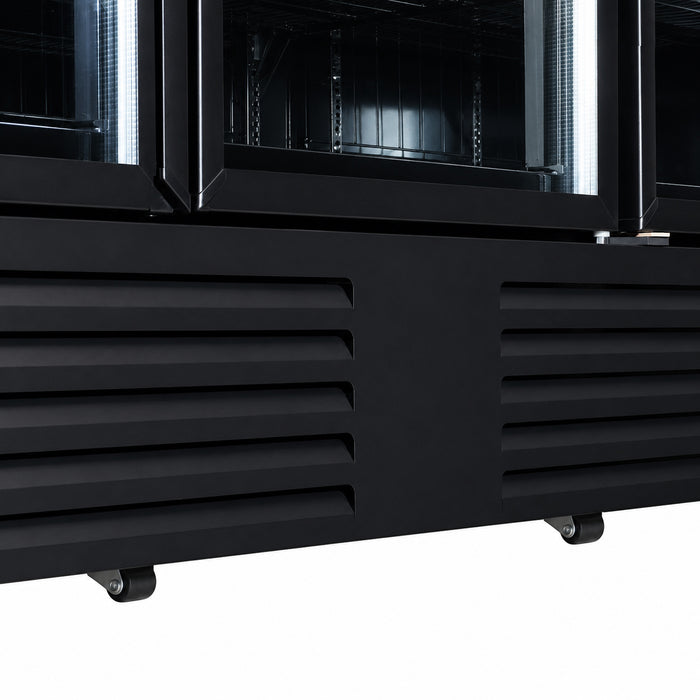 Black four-door glass display freezer with LED interior lighting and digital temperature display view 7