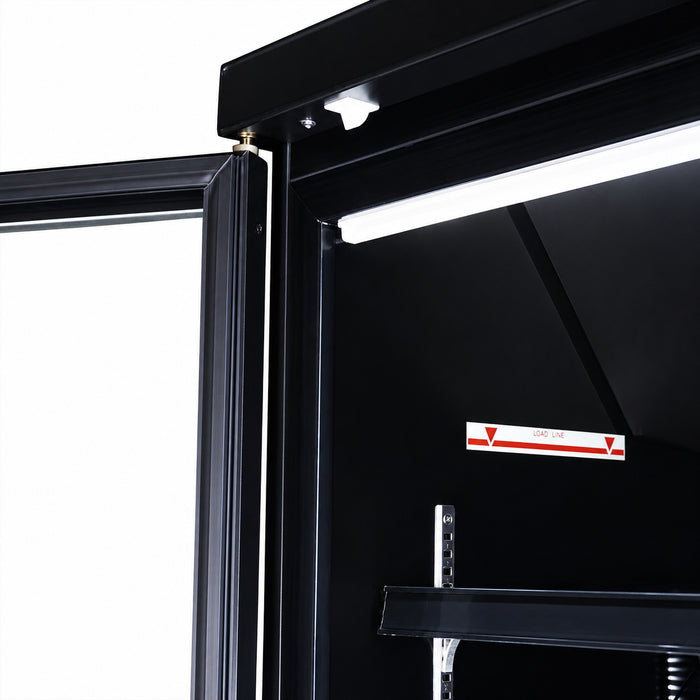 Black three-door commercial display freezer with glass doors and LED interior lighting view 6