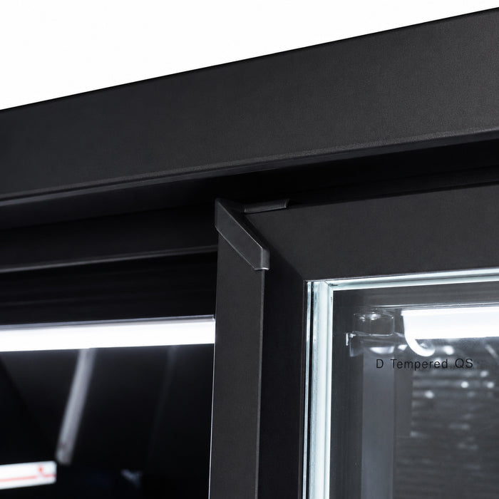 Black freestanding double glass door freezer with LED lighting and mobile castors view 6