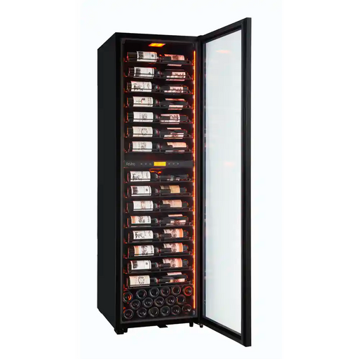 Pevino MS Noble 152 bottle wine cooler, metal shelving, door open profile view