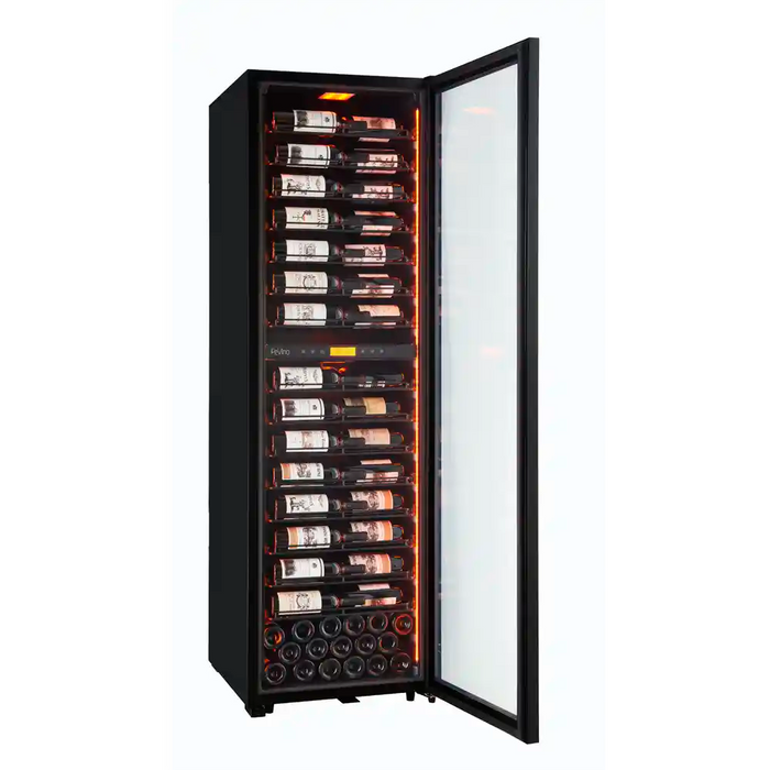 Pevino MS Noble 152 bottle wine cooler, metal shelving, door open profile view