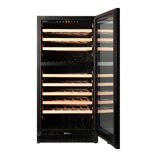 Pevino Majestic 104 bottle dual zone wine cooler, interior shelving view