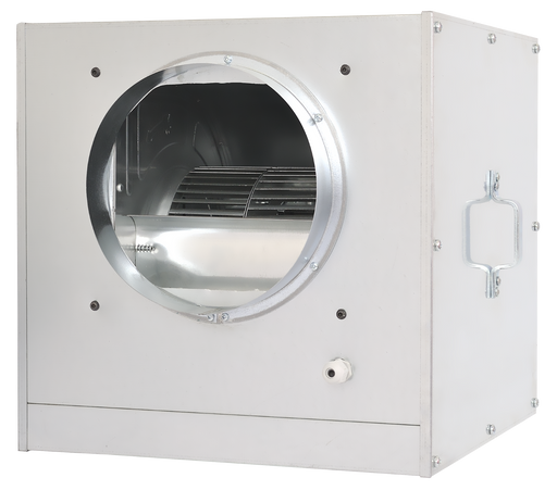 Combisteel inline fan box with 355mm exhaust outlet, compact cube design
