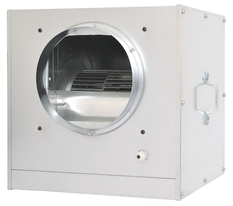 Combisteel inline fan box with 355mm exhaust outlet, compact cube design