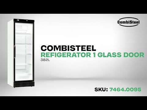 White Combisteel single glass door upright display refrigerator with internal shelving view 6