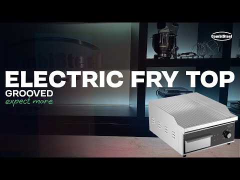 Stainless steel electric fry top with ribbed cooking surface and grease collection tray view 5