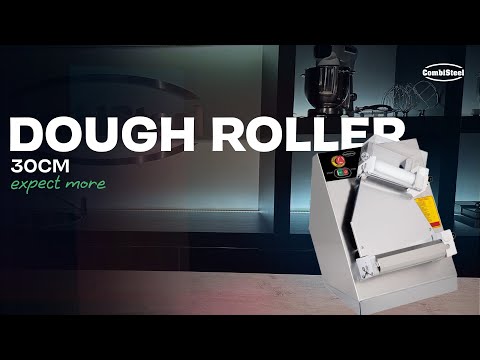 Stainless steel dough roller with 300mm roller drum and adjustable thickness control knob view 4