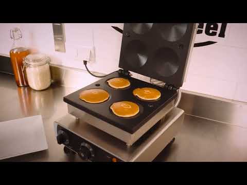 Stainless steel tabletop pancake maker with four 10cm round griddles and knob controls view 7