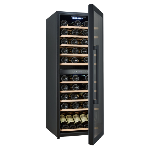 Cavecool Raw Zircon Special Edition 77 bottle dual zone wine cooler, interior shelving view