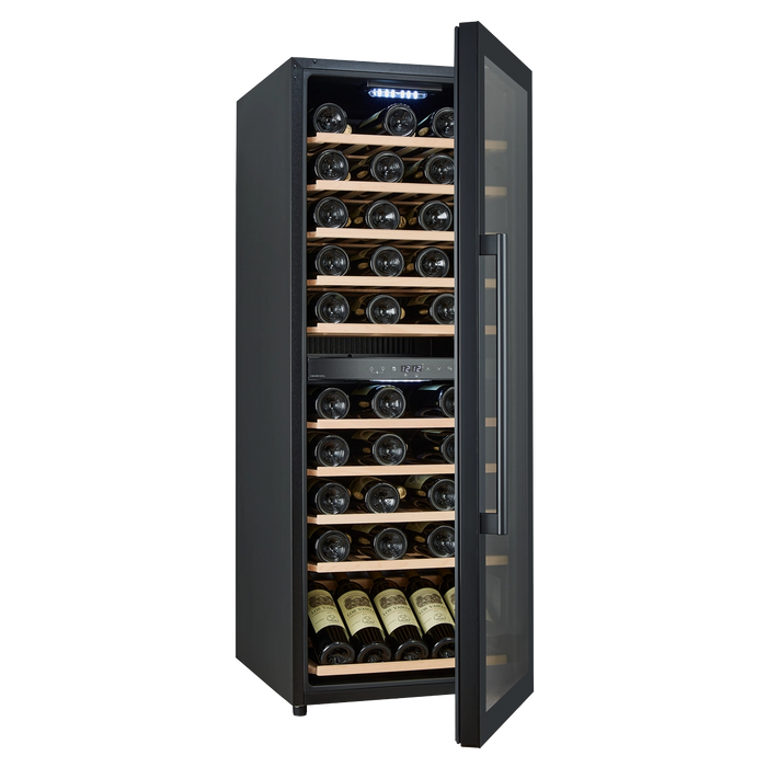 Cavecool Raw Zircon Special Edition 77 bottle dual zone wine cooler, interior shelving view