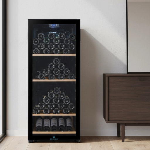 Cavecool Chill Sapphire Special Edition 122 bottle single zone wine cooler, interior shelving view